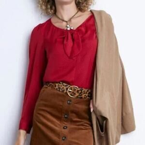 CAbi 3862 Women's Red Polka Dot Print Long Sleeve‎ Knot Blouse Top Size M